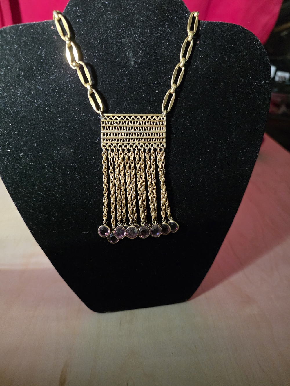 Gold-Tone Fringe Necklace with Purple Gem Accents